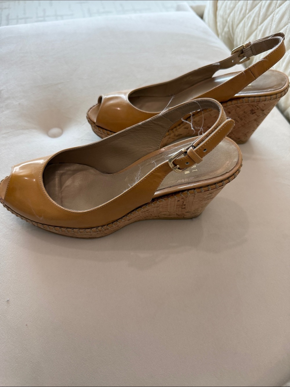 Stuart Weitzman Patent Peep-Toe Slingback Wedges in Tan